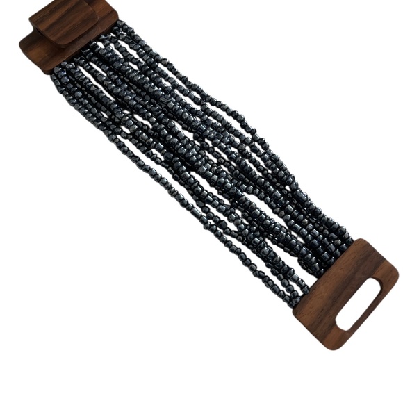 Hematite-Like Beaded Wooden Clasp Bracelet - Picture 3 of 3